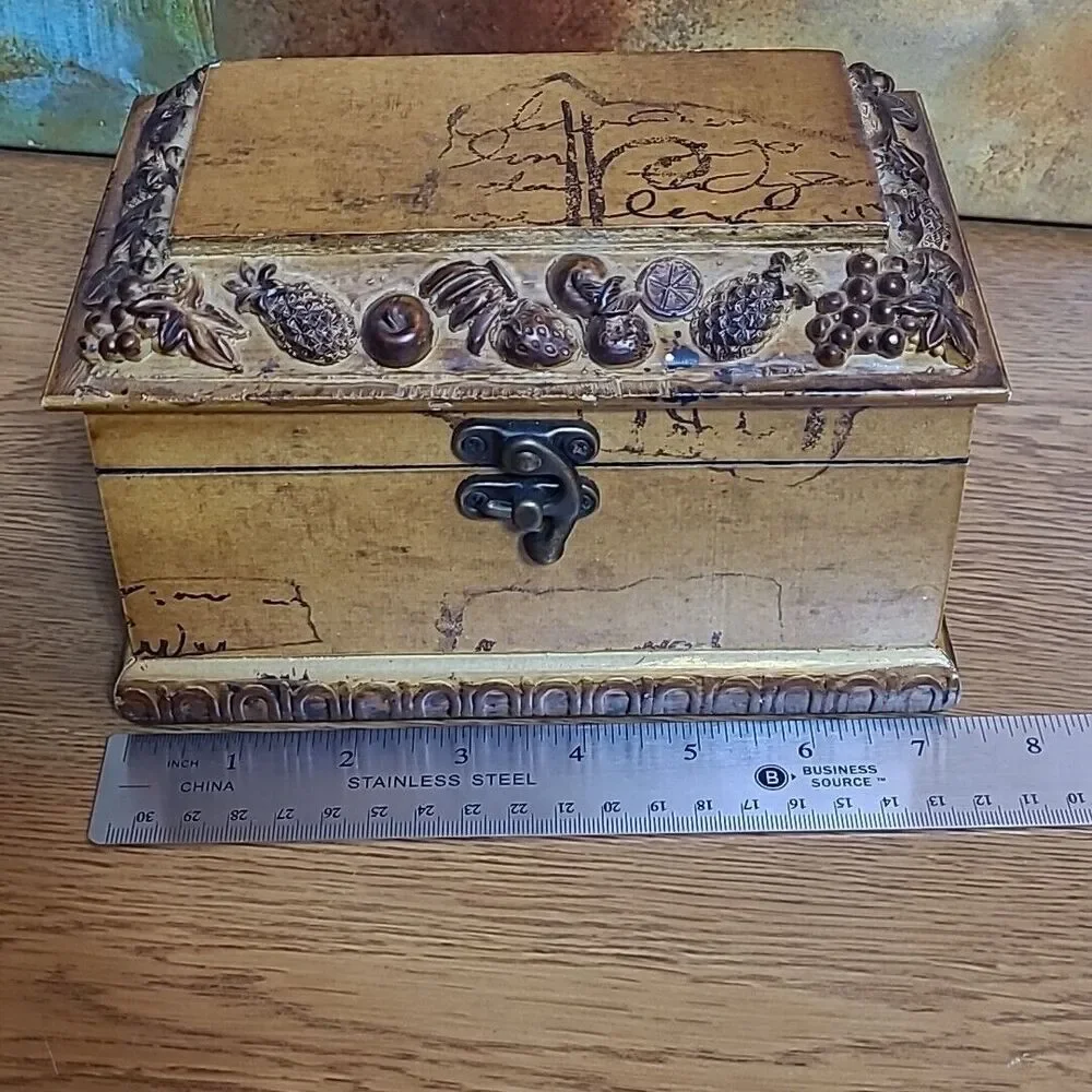 Wooden Jewelry Trinket Box Fruit Design Unmarked Velvet Lined 7x4.5